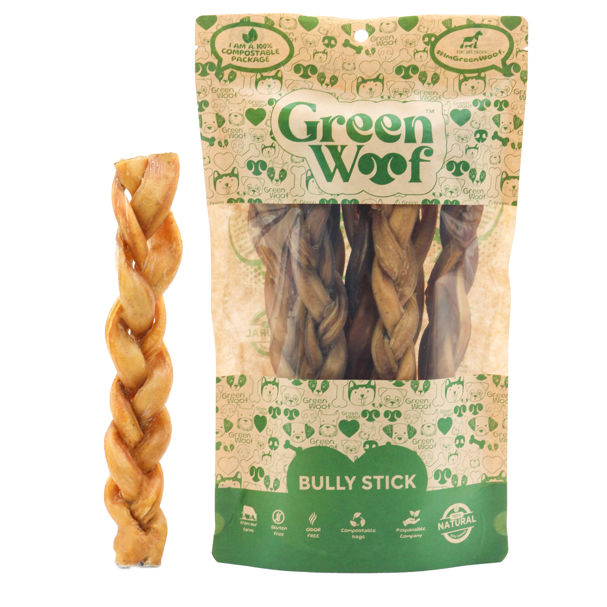 Braided Bully Sticks for Dogs, 9" – Natural Beef Chew (5 Pack)