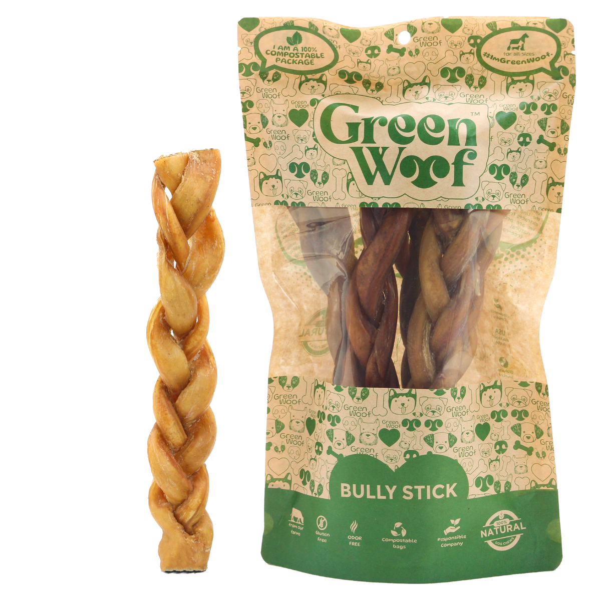 Braided Bully Sticks for Dogs, 9" – Natural Beef Chew (5 Pack)