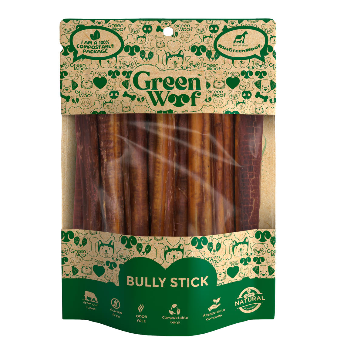Green Woof Straight Bully Sticks – Beef Dog Chews