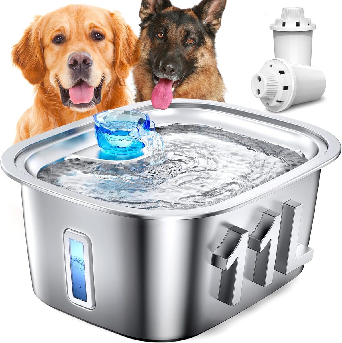 Stainless Steel Dog Water Fountain with Visible Water Level Window for Large Dogs-0