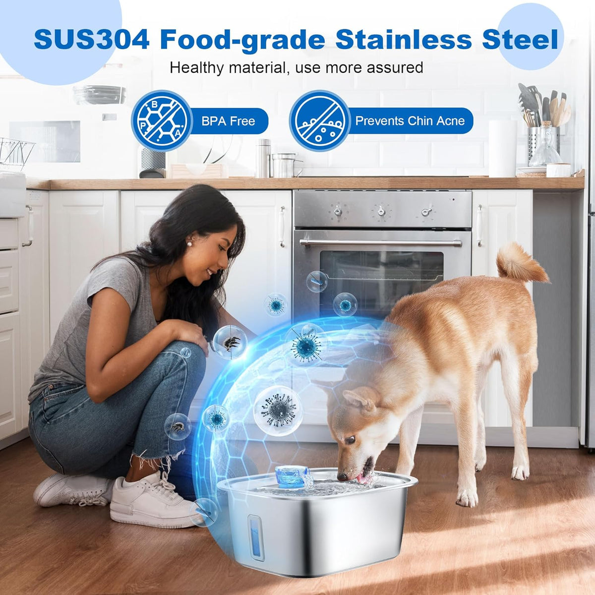 Stainless Steel Dog Water Fountain with Visible Water Level Window for Large Dogs-3