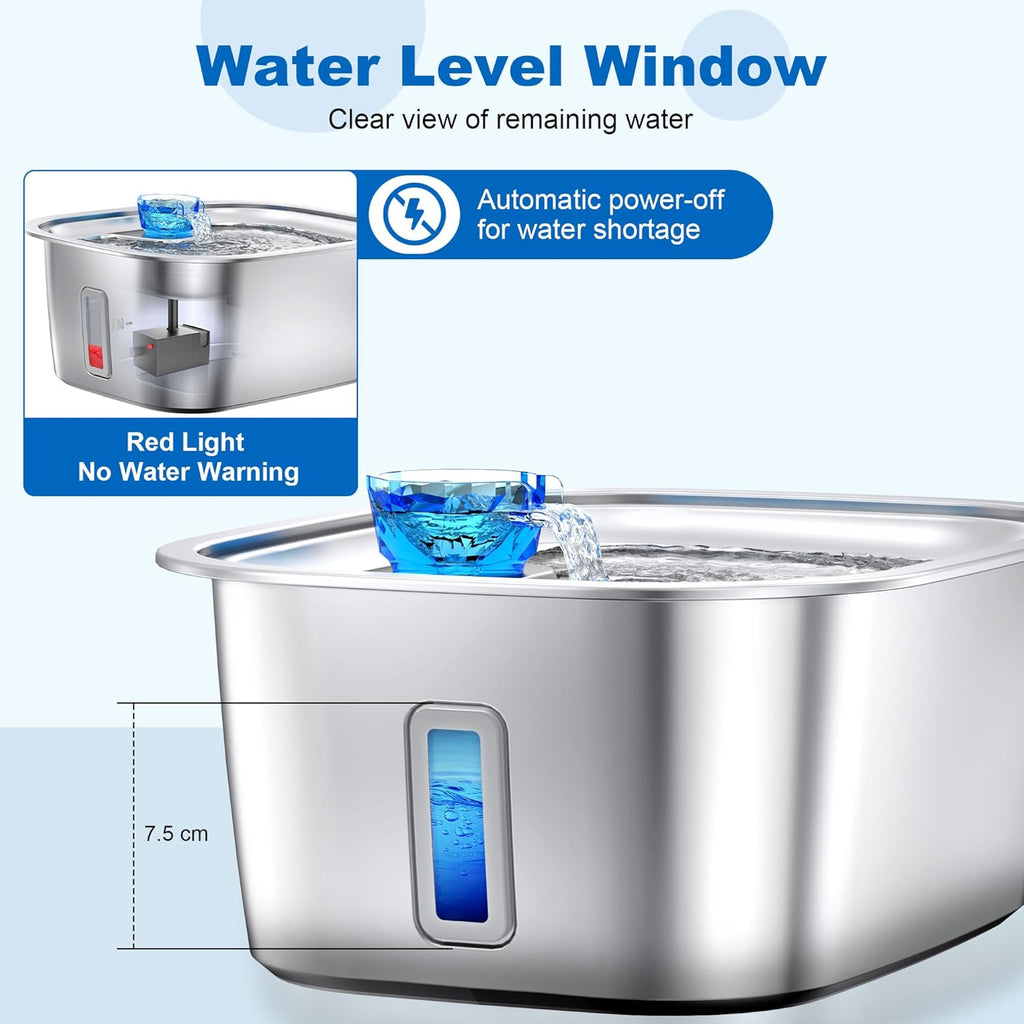 Stainless Steel Dog Water Fountain with Visible Water Level Window for Large Dogs-2